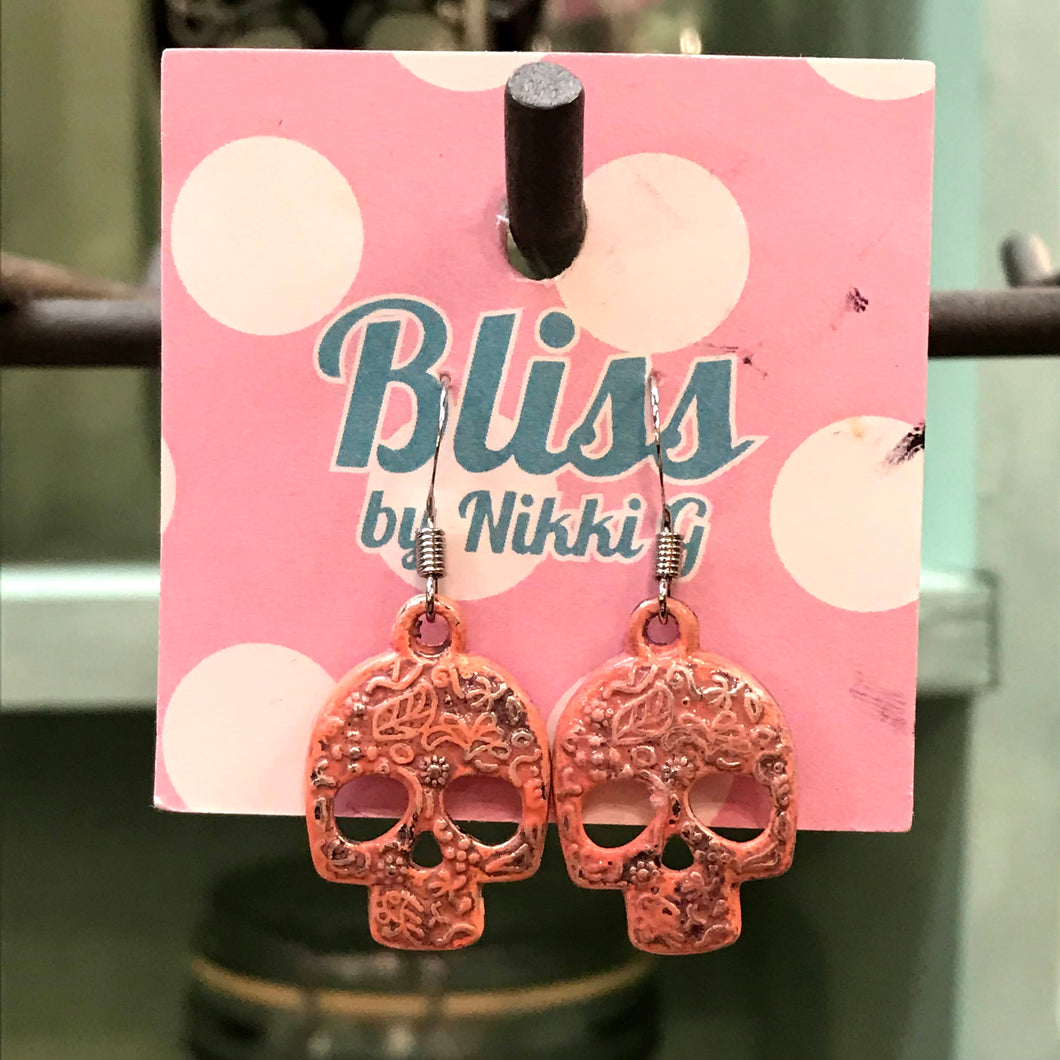 Floral Embossed Skull Charm Earrings