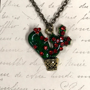 Green Enamel Cactus with Red Gem Flowers Charm Necklace