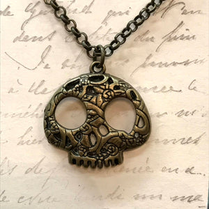 Large Engraved Floral Skull Charm Necklace