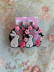 Bunny Rabbit Floral Wreath Acrylic Statement Earrings