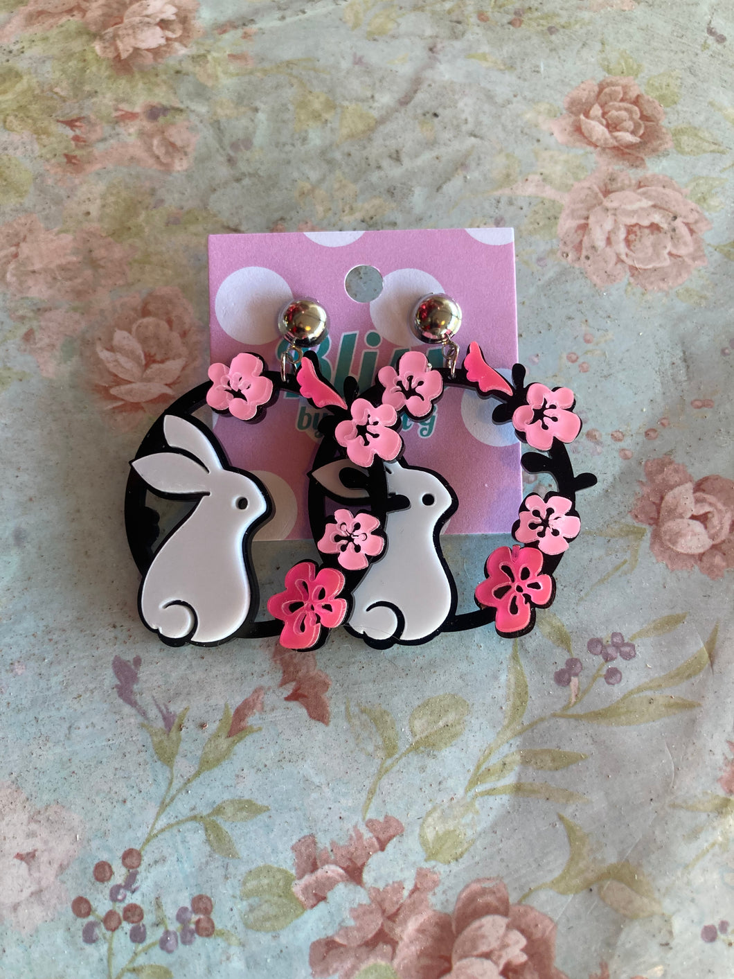 Bunny Rabbit Floral Wreath Acrylic Statement Earrings