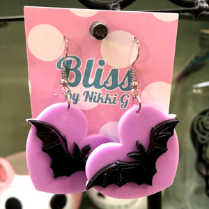 Flying Bat Over Purple Heart Acrylic Statement Earrings