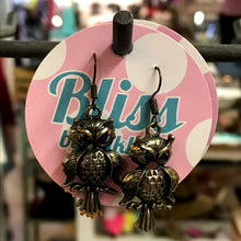 Load image into Gallery viewer, Gem Eyed Perched Owl Charm Earrings
