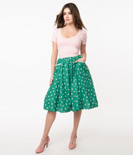Load image into Gallery viewer, Susannah Green and Pink Hearts Swing Skirt
