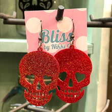 Load image into Gallery viewer, Heart-Eyed Skull Acrylic Statement Earrings
