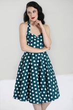 Load image into Gallery viewer, Mariam Teal and White Polka Dot Halter Swing Dress
