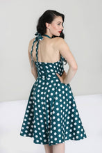 Load image into Gallery viewer, Mariam Teal and White Polka Dot Halter Swing Dress

