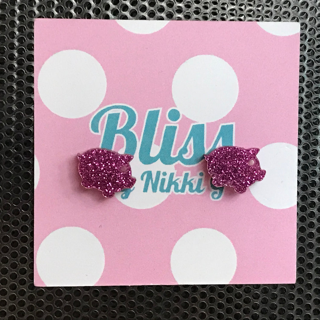 Pink Glitter Piggy Silhouette Stud Earrings
