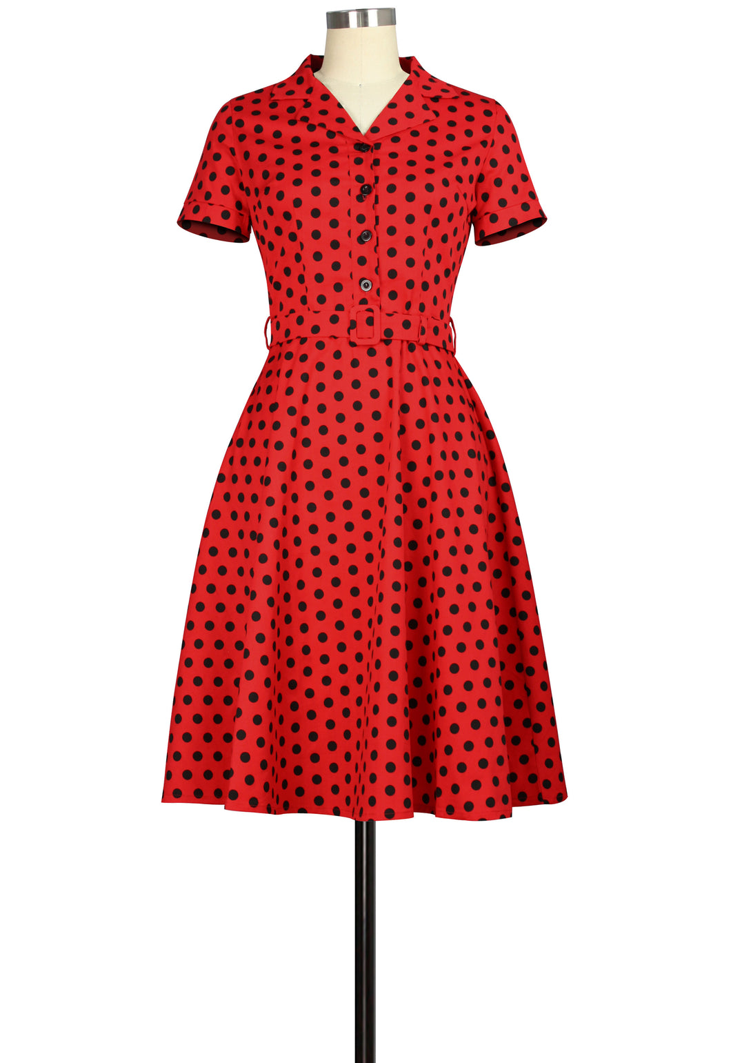 Red with Black Polka Dots Collared Dress- Size Large LAST ONE!