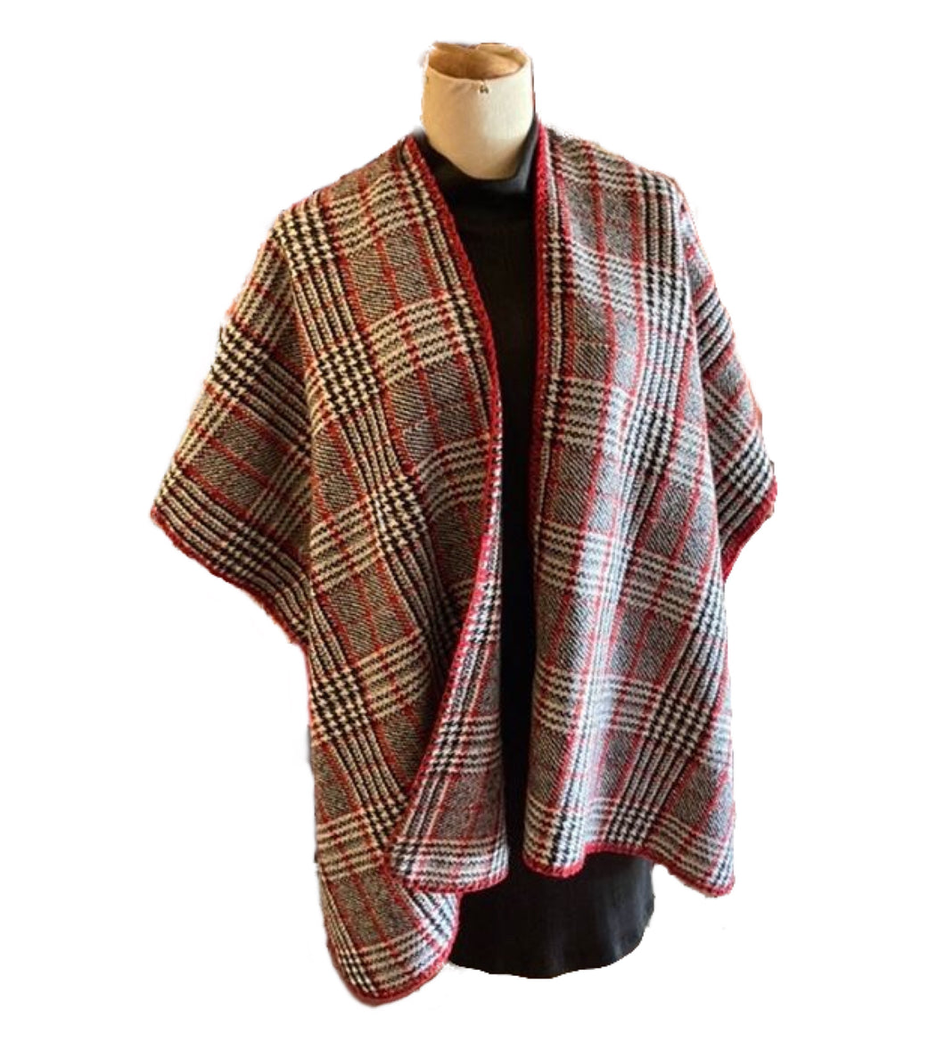 Red, Black, and White Plaid Print Kimono Cardigan with Stitched Edges