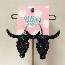 Load image into Gallery viewer, Steer Head Leather Glitter Statement Earrings
