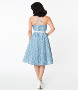 Chambray and White Floral Eyelet Lombard Swing Dress