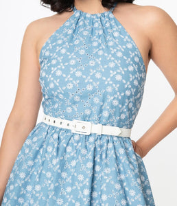 Chambray and White Floral Eyelet Lombard Swing Dress