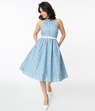 Load image into Gallery viewer, Chambray and White Floral Eyelet Lombard Swing Dress

