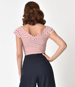 Deena White and Red Striped Off-Shoulder Top