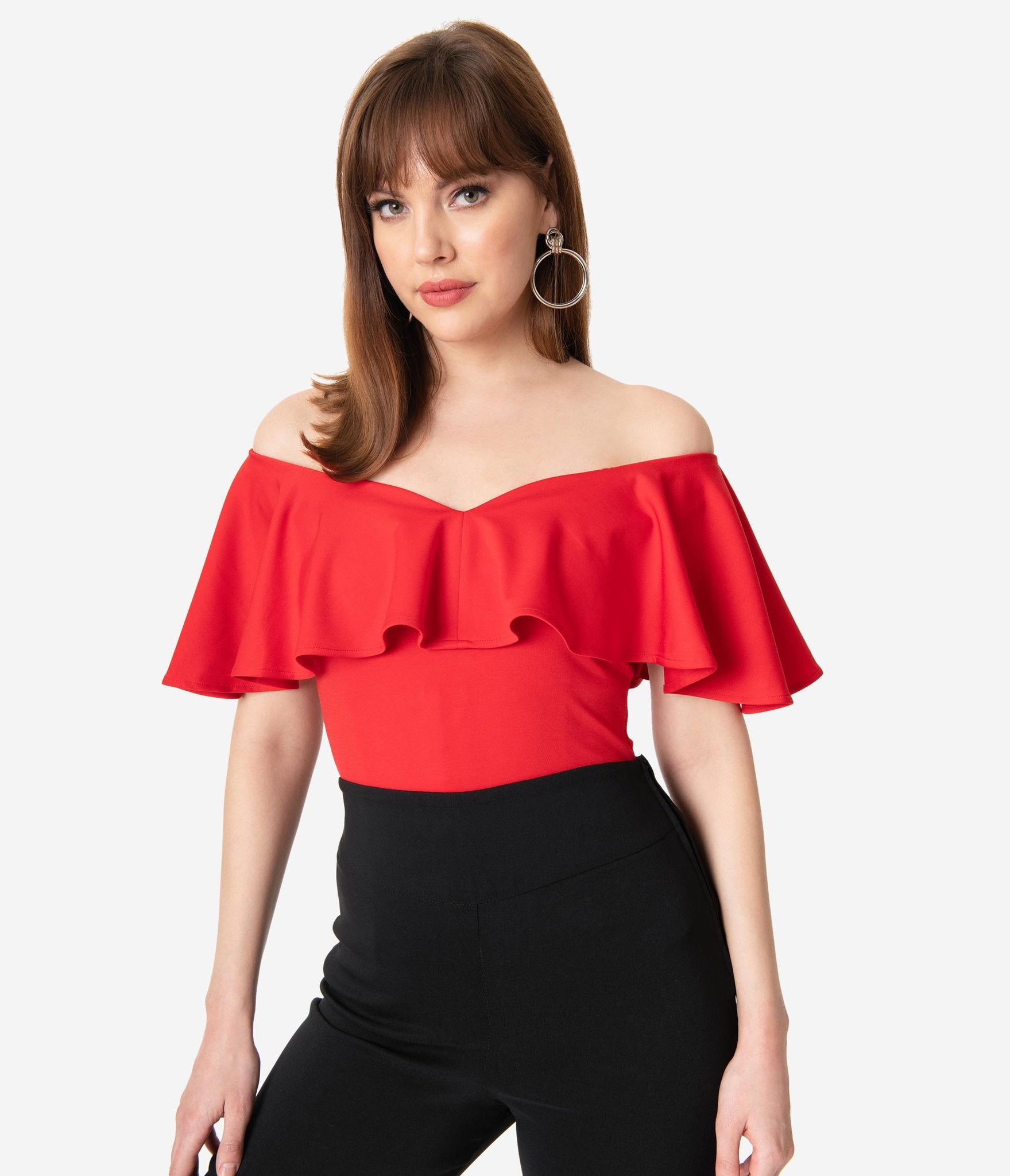 Red ruffle off the shoulder top clearance