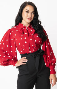 Red and White Heart Gwen Tie Neck Blouse