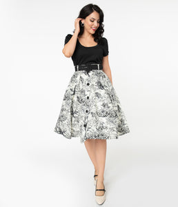 White and Black Toile Print Waikiki Swing Skirt