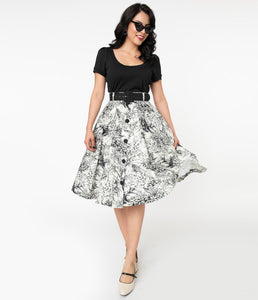 White and Black Toile Print Waikiki Swing Skirt