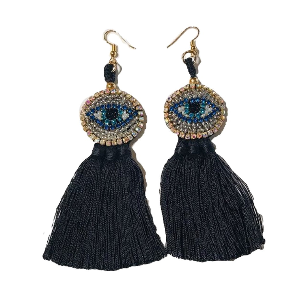 blue crystal evil eye tassel earrings