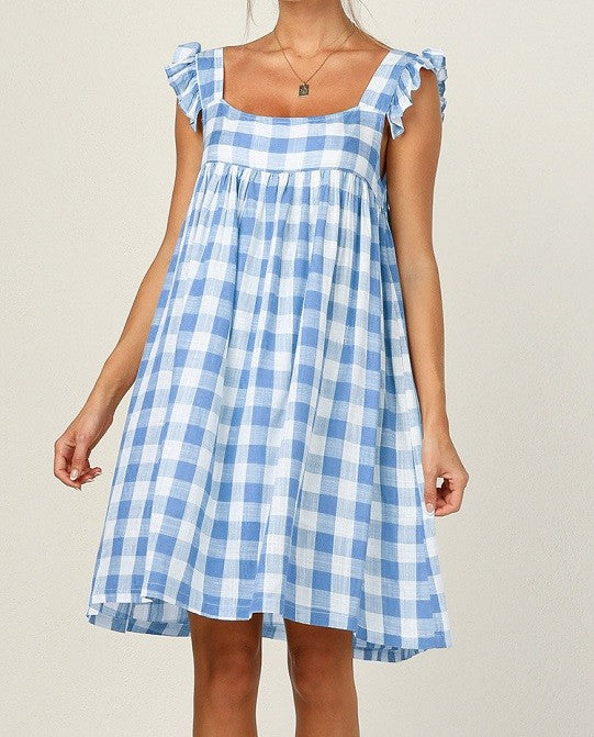 knee length dresses for ladies Gingham Popover Mini Dress (Sky Blue) – Loco Lindo