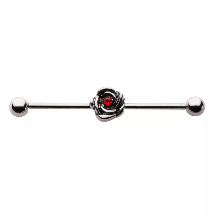 Rose With Red Cz Industrial Barbell