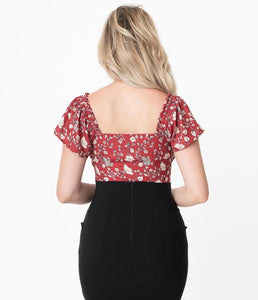 Burgundy and Ivory Floral Print Charlemagne Blouse