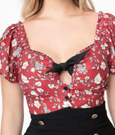 Burgundy and Ivory Floral Print Charlemagne Blouse