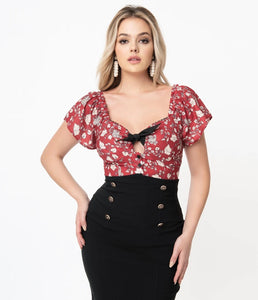 Burgundy and Ivory Floral Print Charlemagne Blouse