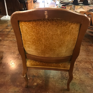 Vintage Tan Wood Arm Chair with Gold Velvet Cushions