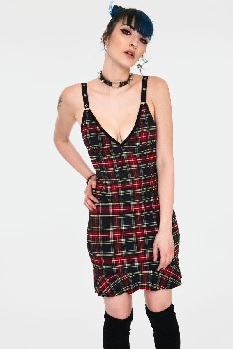 red tartan mini dress Red Plaid Tartan Punk Mini Dress | Buckles & Corset Lacing | Pretty Attitude