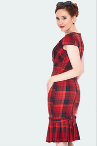 Angela Red Plaid Pleated Bust Fitted Dress