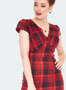 Angela Red Plaid Pleated Bust Fitted Dress