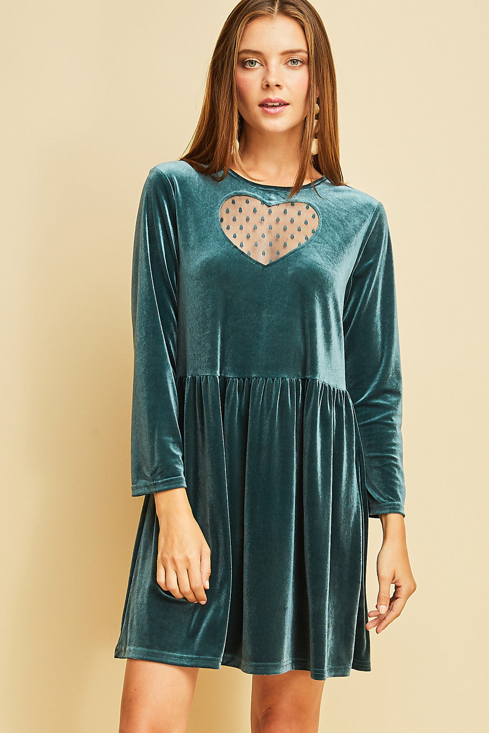 velvet babydoll dress Emerald Velvet Babydoll Dress with Sheer Heart Window – Pink House Boutique