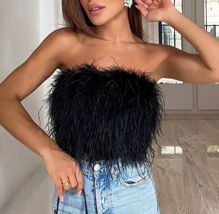 Feather Fluff Black Bandeau Zippered Top