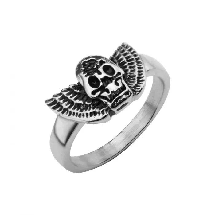 Steel Skull With Wings Ring