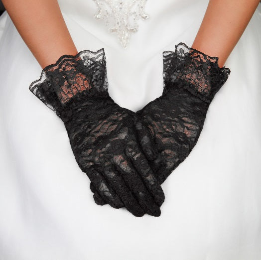 Black Lace Wrist Gloves with Ruffle
