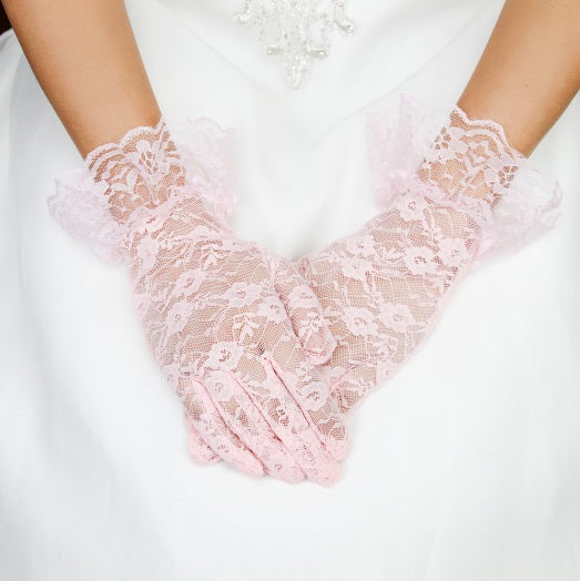 Pink Lace Wrist Gloves with Ruffle