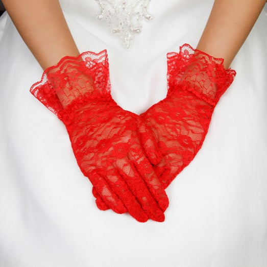 Red Lace Wrist Gloves with Ruffle