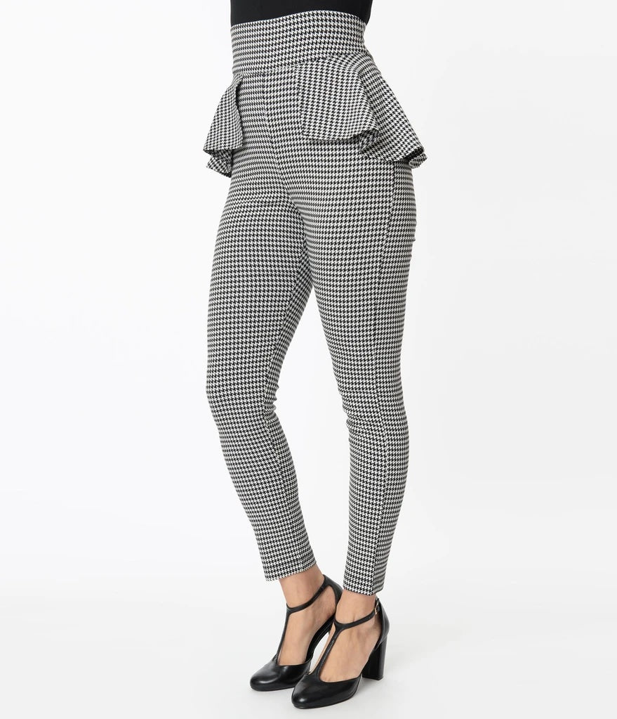 Black & White Houndstooth Print Floral Embroidery Detail High Waisted Capri  Pants /1-2-1