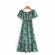French Garden Palm Green Off Shoulder Dress