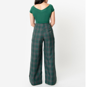 Emerald Green and Gray Plaid Rogers High Waist Pants