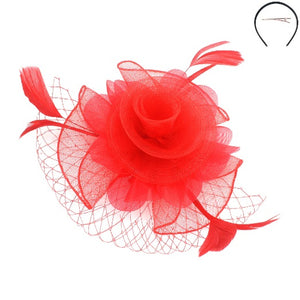 Red Small Rose Mesh Feather Fascinator Hat