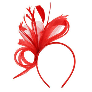 Red Fascinator Headband with Side Loops and Feathers