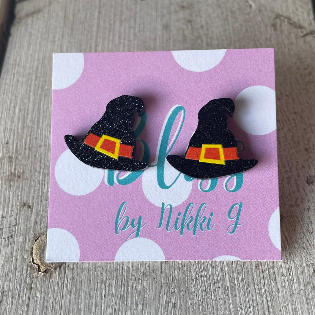 Black Glitter Witch Hat Stud Earrings