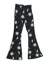 Load image into Gallery viewer, Black Moon and Sun Print Bell Bottom Leggings

