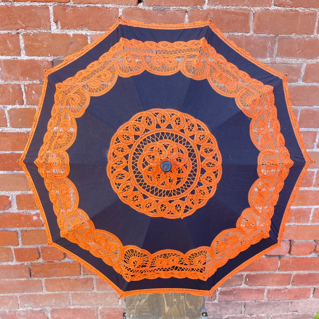 Black and Orange Battenberg Lace Cotton Parasol