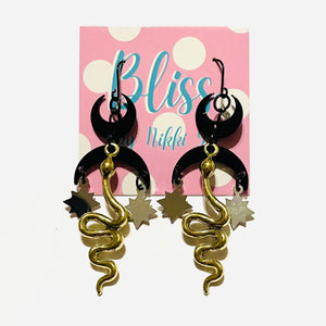 Black Horns, Gold Snakes, and Silver Stars Statement Earrings