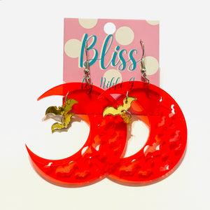 Crescent Blood Moon and Dangly Bats Acrylic Statement Earrings