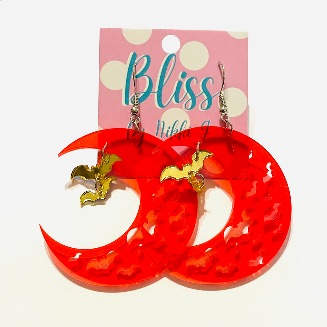 Crescent Blood Moon and Dangly Bats Acrylic Statement Earrings